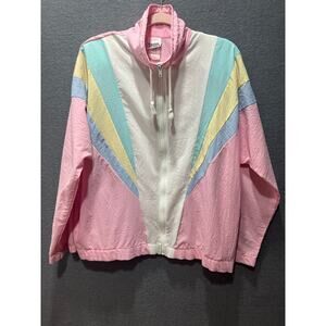 Vintage 80s Teddi Sport Pastel Pink Bone White Full Zip Windbreaker Size L